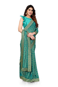 MIRCHI FASHION Women's  Stylish Lycra Foil Printed Design with Zari Woven Lace Work Saree with Blouse Piece
