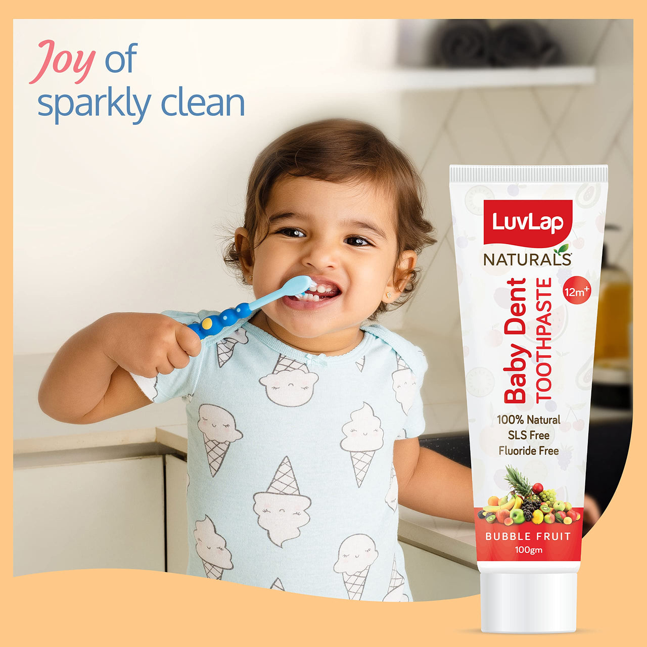 LuvLap Naturals 100% Natural Baby Toothpaste 100g, Bubble Fruit Flavour, SLS & Fluoride Free Kids Toothpaste, Removes Plaque, Prevents Bacteria, Ensures White Teeth, Neutral pH, 12M+ (Pack of 2)
