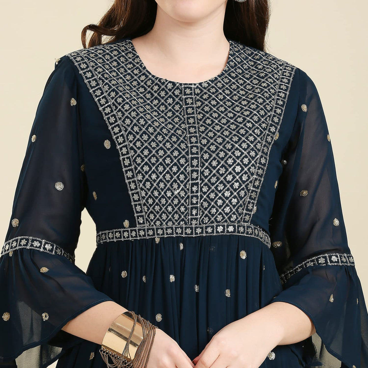 madhuram Women and Girls Fox Georgette Boat Neck with 3/4 Sleeve and Sequence Embroidery Lace Work Anarkali Gown