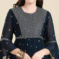 madhuram Women and Girls Fox Georgette Boat Neck with 3/4 Sleeve and Sequence Embroidery Lace Work Anarkali Gown