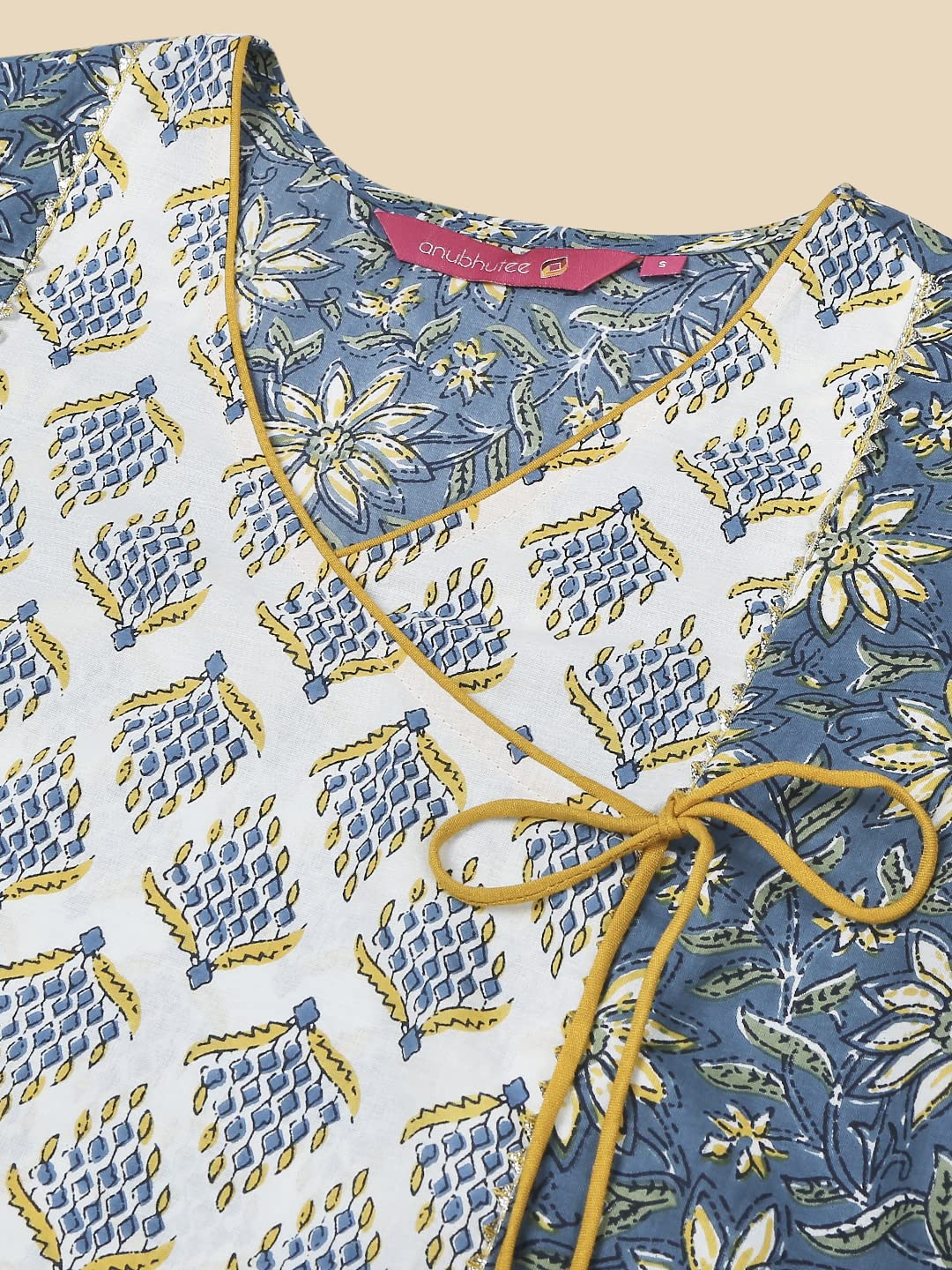 anubhutee Women's  Blue Printed Angrakha Pure Cotton Straight Kurta Suit Set with Pants