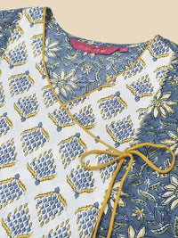 anubhutee Women's  Blue Printed Angrakha Pure Cotton Straight Kurta Suit Set with Pants