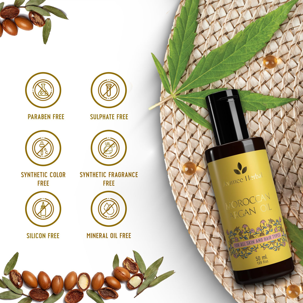 Avimee Herbal Pure Moroccan Argan Oil | Repairs Split Ends, Reduces Breakage, and adds Shine | Enriched With Vitamin E | Mineral Oil Free | 50 mL