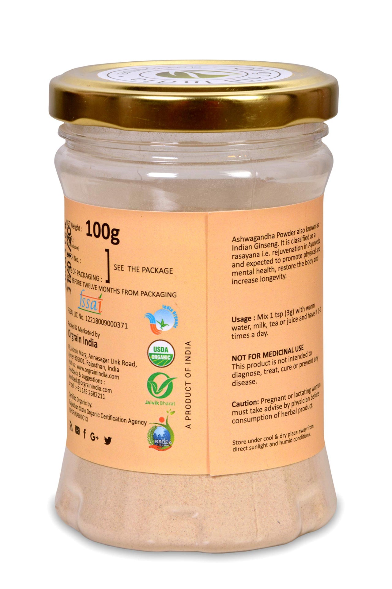 Orgrain India Organic Ashwagandha Root Powder 300g (Pack of 3 * 100g) |