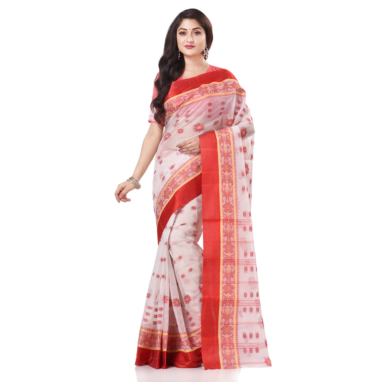 dB DESH BIDESH Women`s Traditional Bengal Phulkoli Woven Design Pure Handloom Cotton Saree Without Blouse Piece White Red