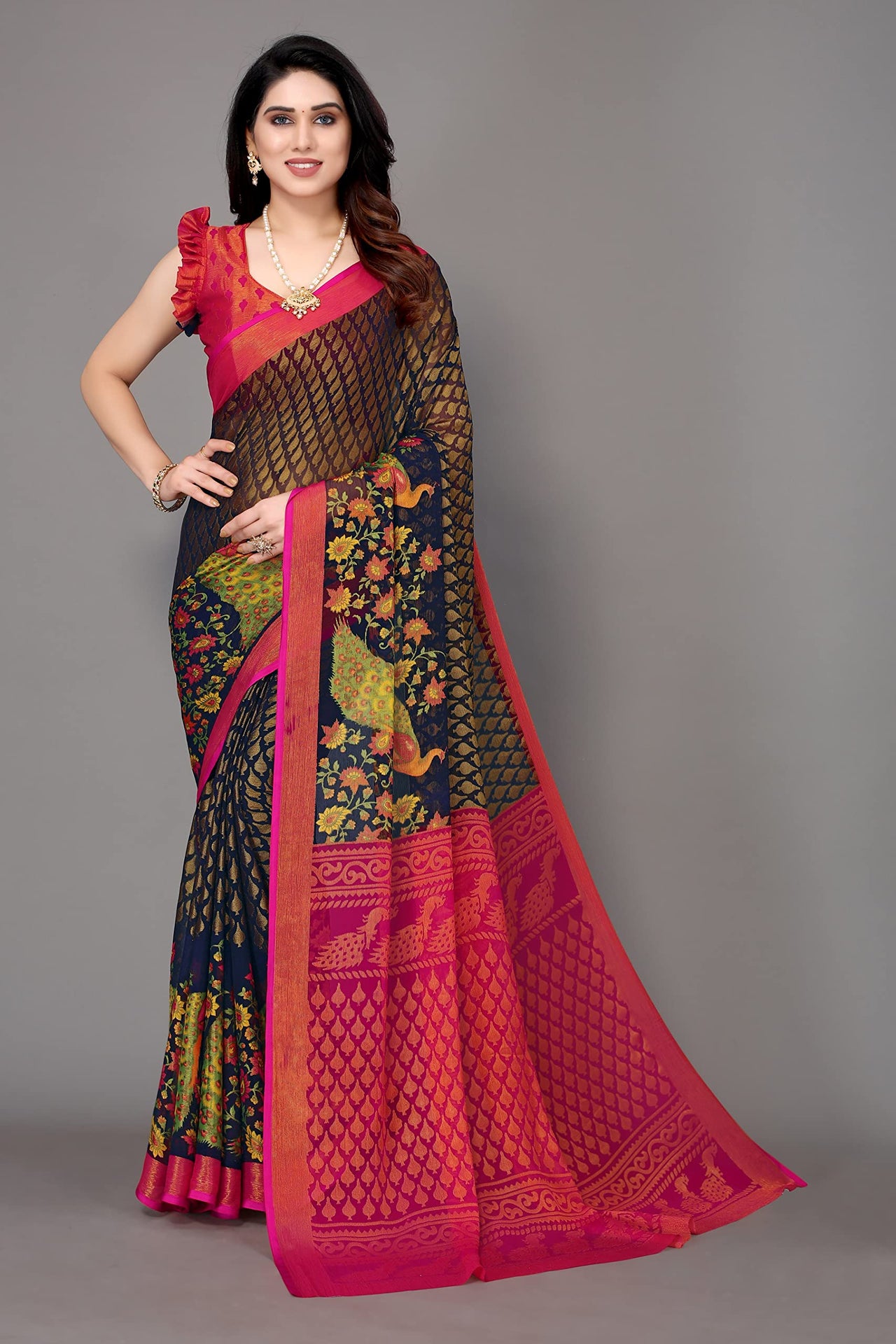 Winza Designer Women's  Chiffon Brasso Floral Printed Saree with Blouse Piece