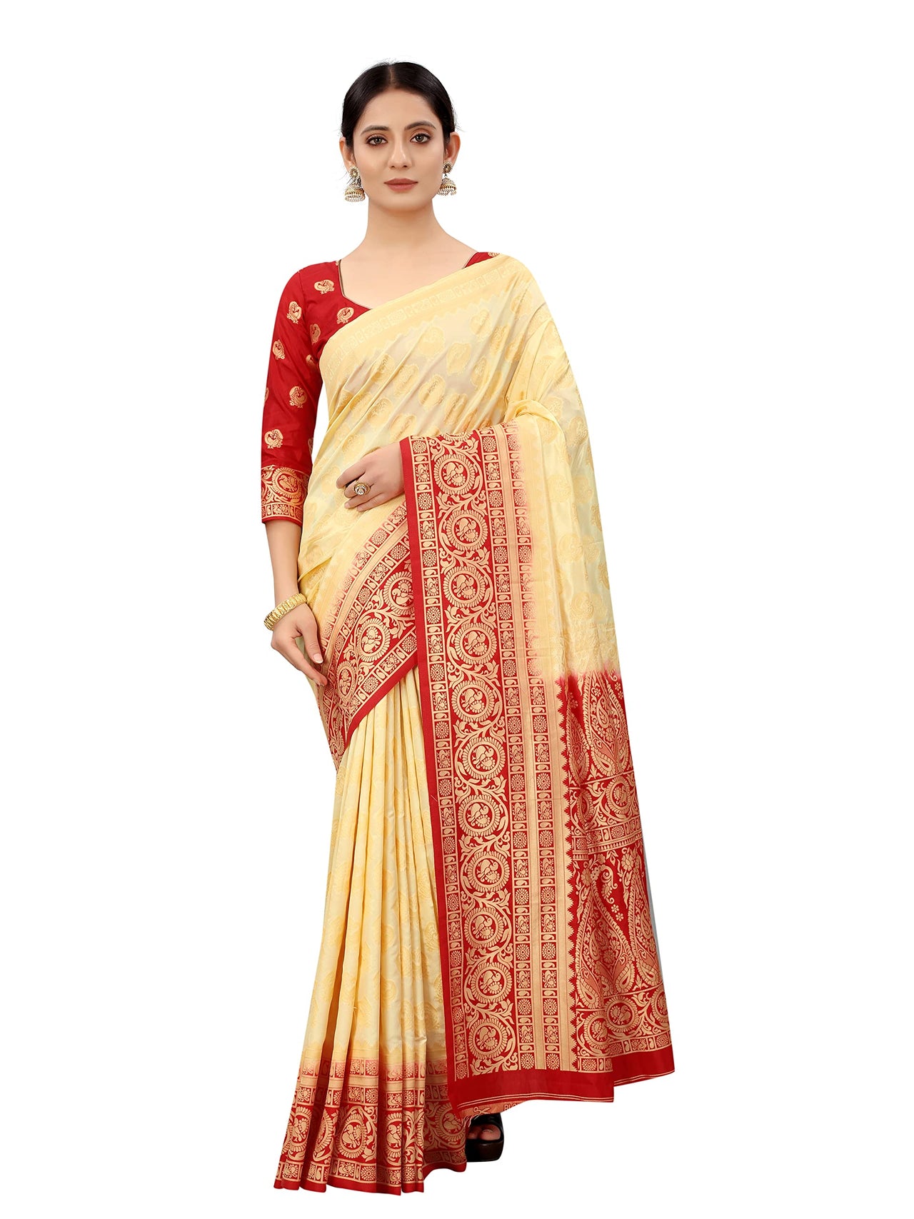 SATYAM WEAVES Women’s Daily/Party/Wedding/Casual Wear Rapier Jacquard Banarasi Cotton Silk Saree With Jacquard Designed Unstitched Blouse Piece