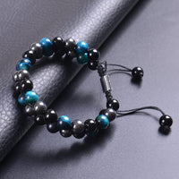 DHQH Triple Protection Bracelet 8/10MM Hematite Black Agate Tigers Eye Stone Bracelet Healing Crystal Natural Stone Bead Bracelets for Men Bring Prosperity Luck B-Blue Triple Bracelet 2