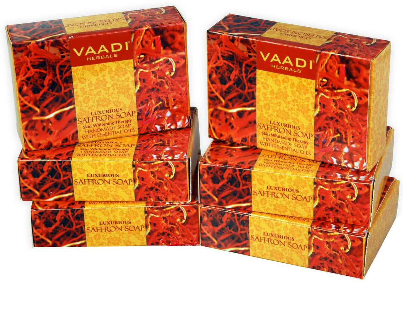 Vaadi Herbals Elbow Foot Knee Scrub Soap with Almond and Walnut Scrub, 75g x 3 and Vaadi Herbals Super Value Luxurious Saffron Skin Whitening Therapy Soap, 75g (Pack Of 6)