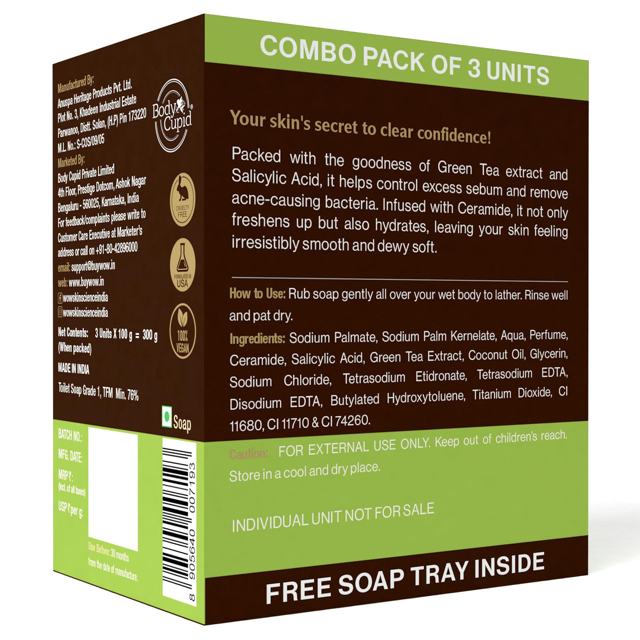 WOW Skin Science Green Tea & Ceramide Moisturizing Soap | Purifying Cleanser | Controls Body Acne | Hydrates & Conditions Skin | Neutralizes Body Odor | Smoothens Skin | Pack of 3