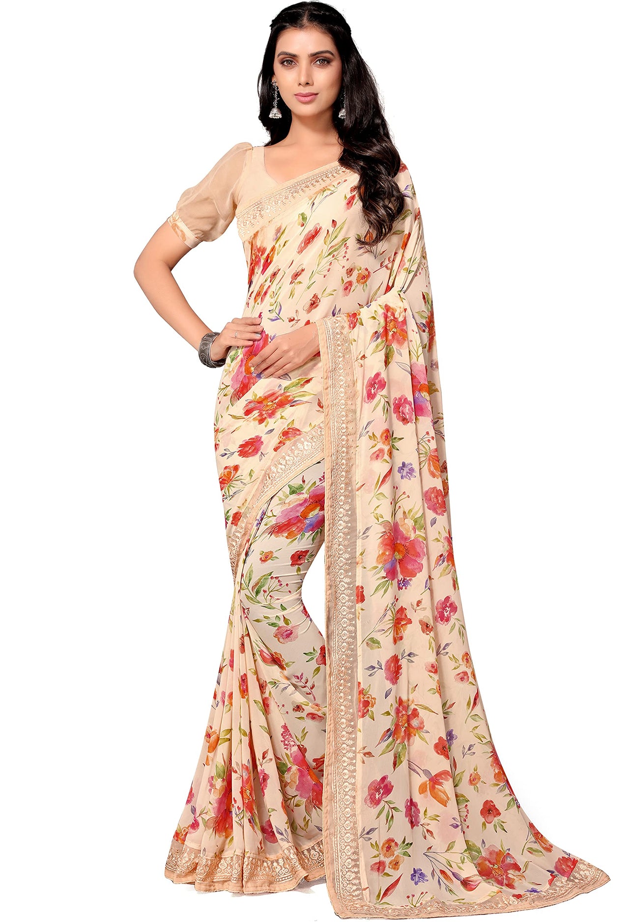Shangrila Designer Digital Pastel Prints Weightless Georgette Saree With Blouse Piece