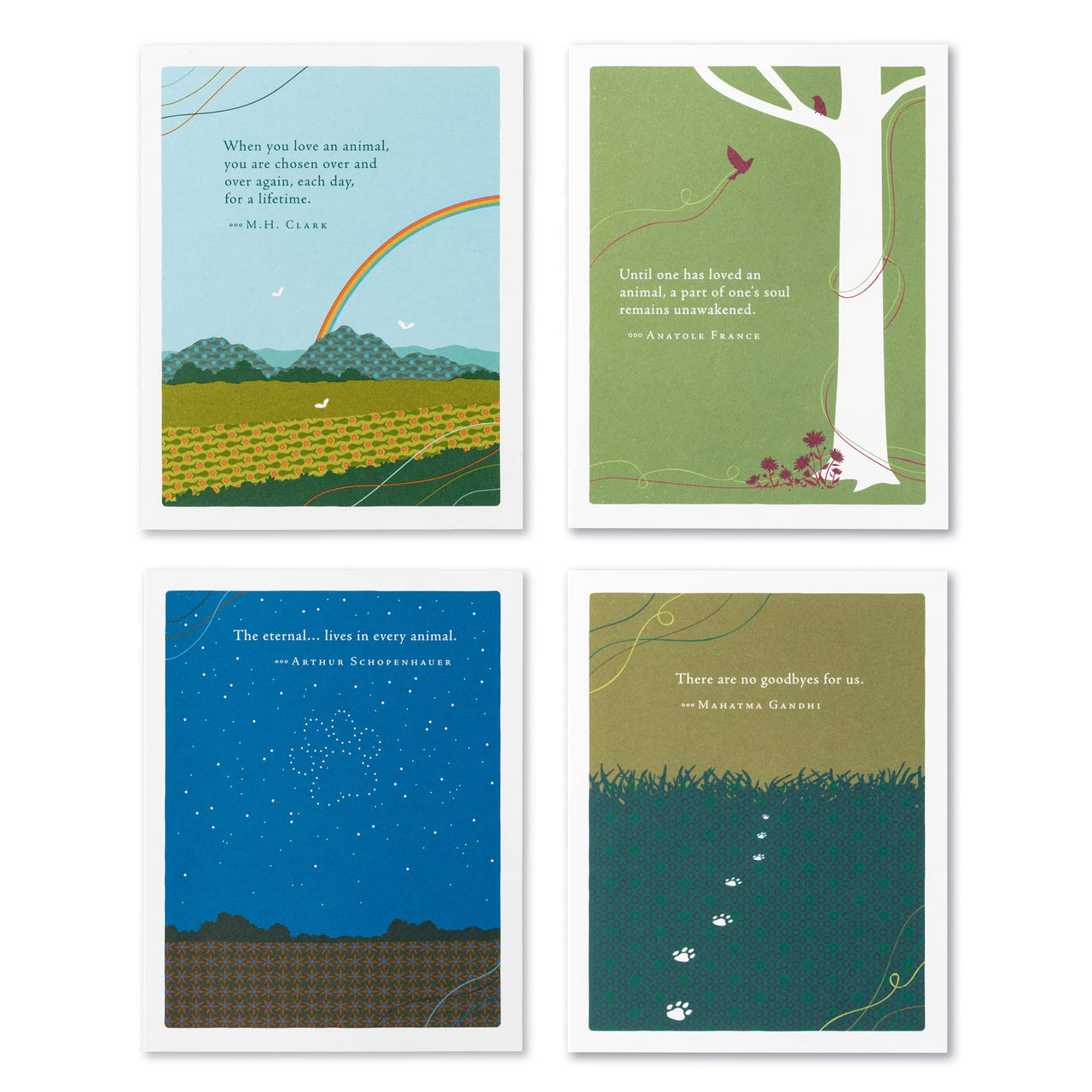 Compendium Positively Green 4-Pack of Pet Sympathy Cards – Assorted (Four Different Designs, One Card Each, with Envelopes) Pet Sympathy - Assorted Pack
