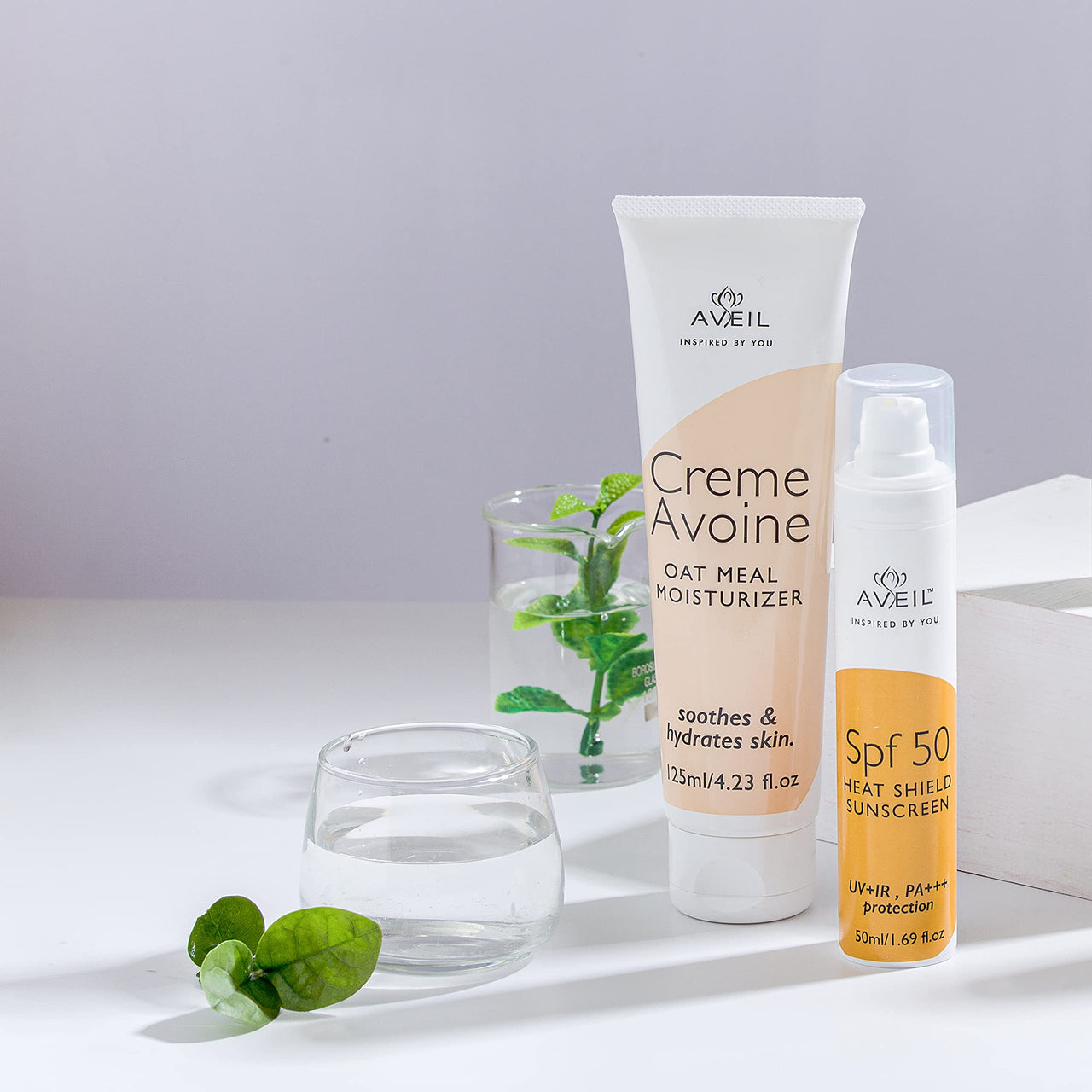 AVEIL Creme Avoine Moisturiser 125 Ml & Heat Shield SPF 50 Gel Sunscreen 50 ml Combo Pack For Soothing & Hydrating | Paraben & Paraffin Free | Dermatologically Tested For All Skin Types