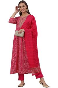 Janasya Women's  Pink Rayon A-Line Kurta with Pant And Dupatta