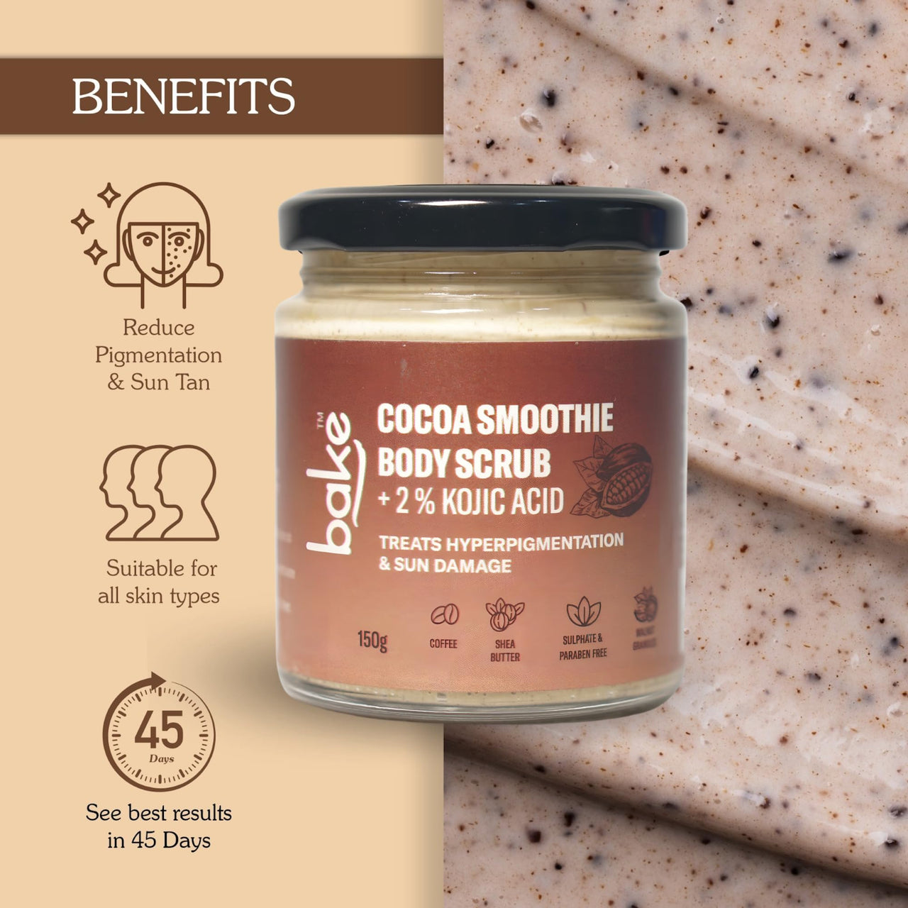 BAKE 2% Kojic Acid Coffee Smoothie Body Scrub For Pigmentation & Strawberry Skin | Tan Removal, Skin Exfoliation & Whitening | For Dark Knees, Elbows & Neck | 150g