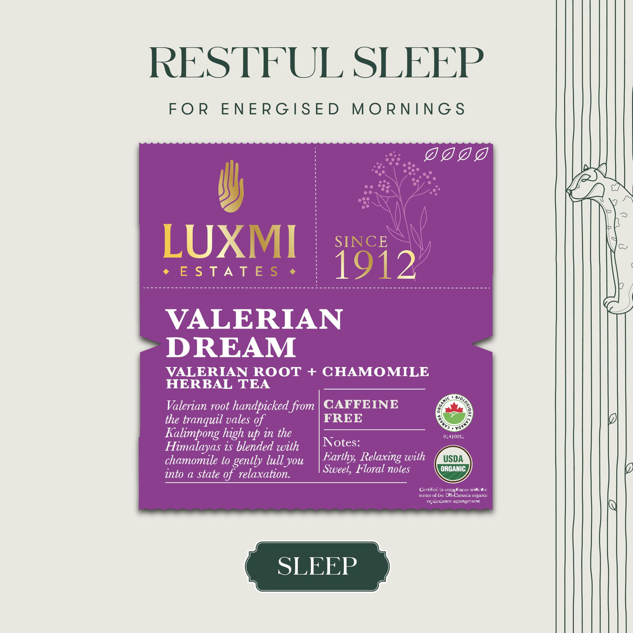 LUXMI Estates Sleep Tea With Valerian Root 50 gram Tin Pack, With Chamomile, Lavender & Valerian Root | Caffeine Free Tea Bags For Insomnia Anxiety & Stress Relief, Relaxation, Restful and Peaceful Sleep With Wellness Herbal Tea, 25 Cups