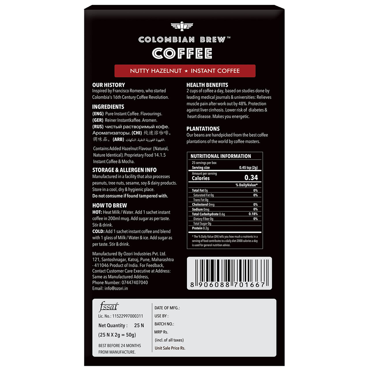 Colombian Brew Original instant Coffee 50g & Hazelnut Instant Coffee 50g