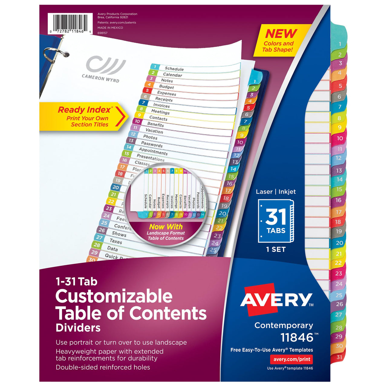 Avery 1-31 Tab Dividers for 3 Ring Binders, Customizable Table of Contents, Multicolor Tabs, 1 Set (11846)