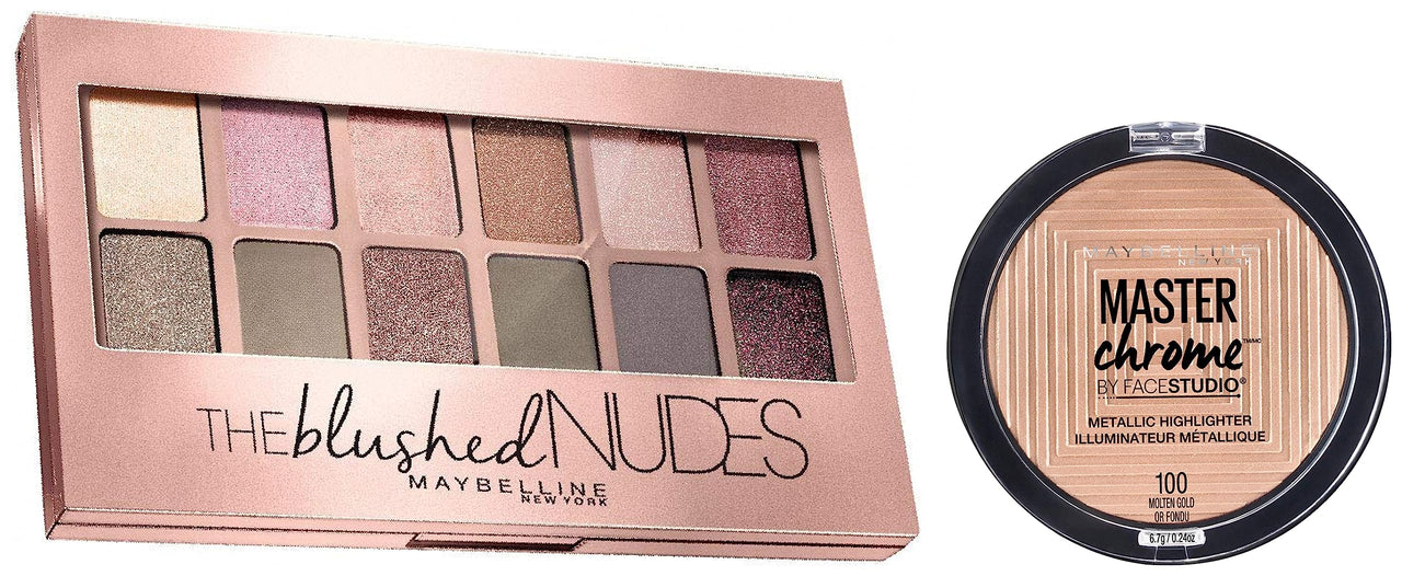 Maybelline New York The Blushed Nudes Palette Eyeshadow, 9g and Maybelline New York Face Studio Master Chrome Metallic Highlighter, Molten Gold, 6.7g