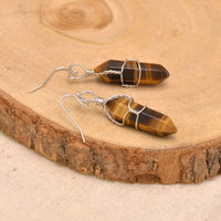 Natural Tiger Eye Wire Wrapped Point Crystal Earrings for Women Reiki Energy Healing Natural Tiger Eye