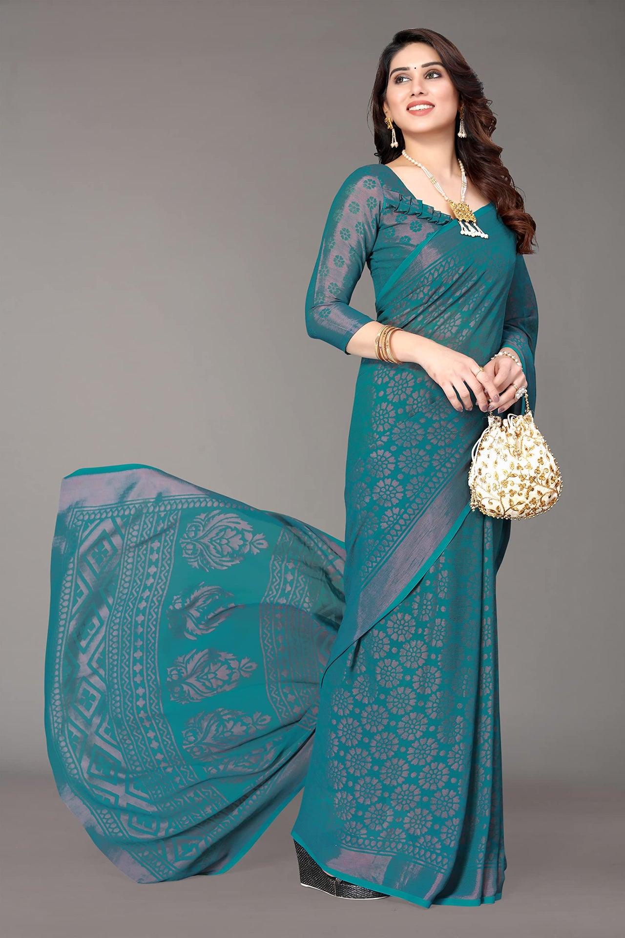 Winza Designer Women's  Chiffon Brasso Printed Saree with Blouse Piece (WDP Brasso Malini W)