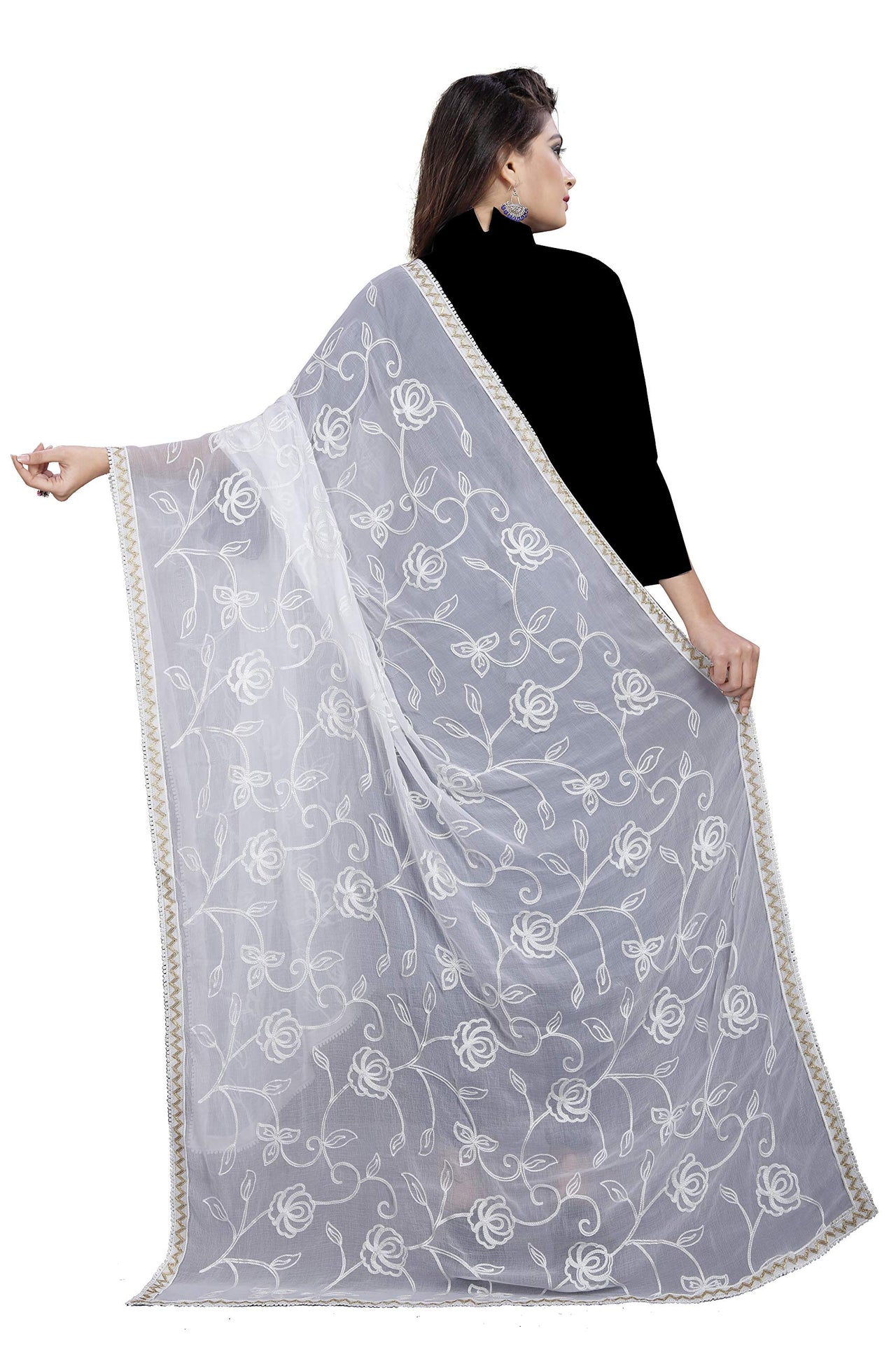AKSHAR LLC Miss India Women's  Chiffon Dupatta With Karachi Embroidery Work_2.30mtr