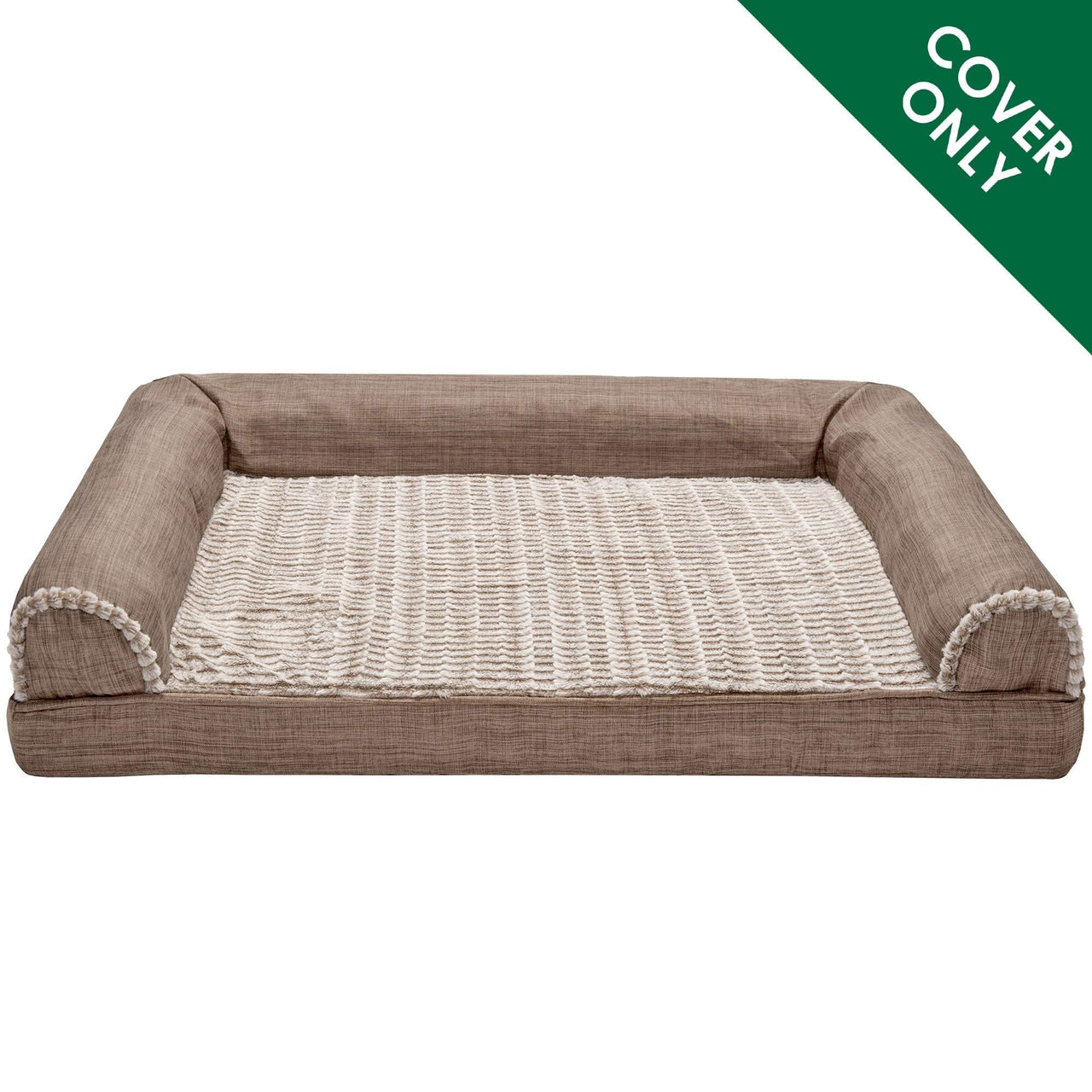 Furhaven Replacement Dog Bed Cover Luxe Faux Fur & Performance Linen Sofa-Style, Machine Washable - Woodsmoke, Large