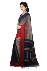 WoodenTant Women’s Ikkat Cotton Silk Saree In Pink with White Cotton Thread work