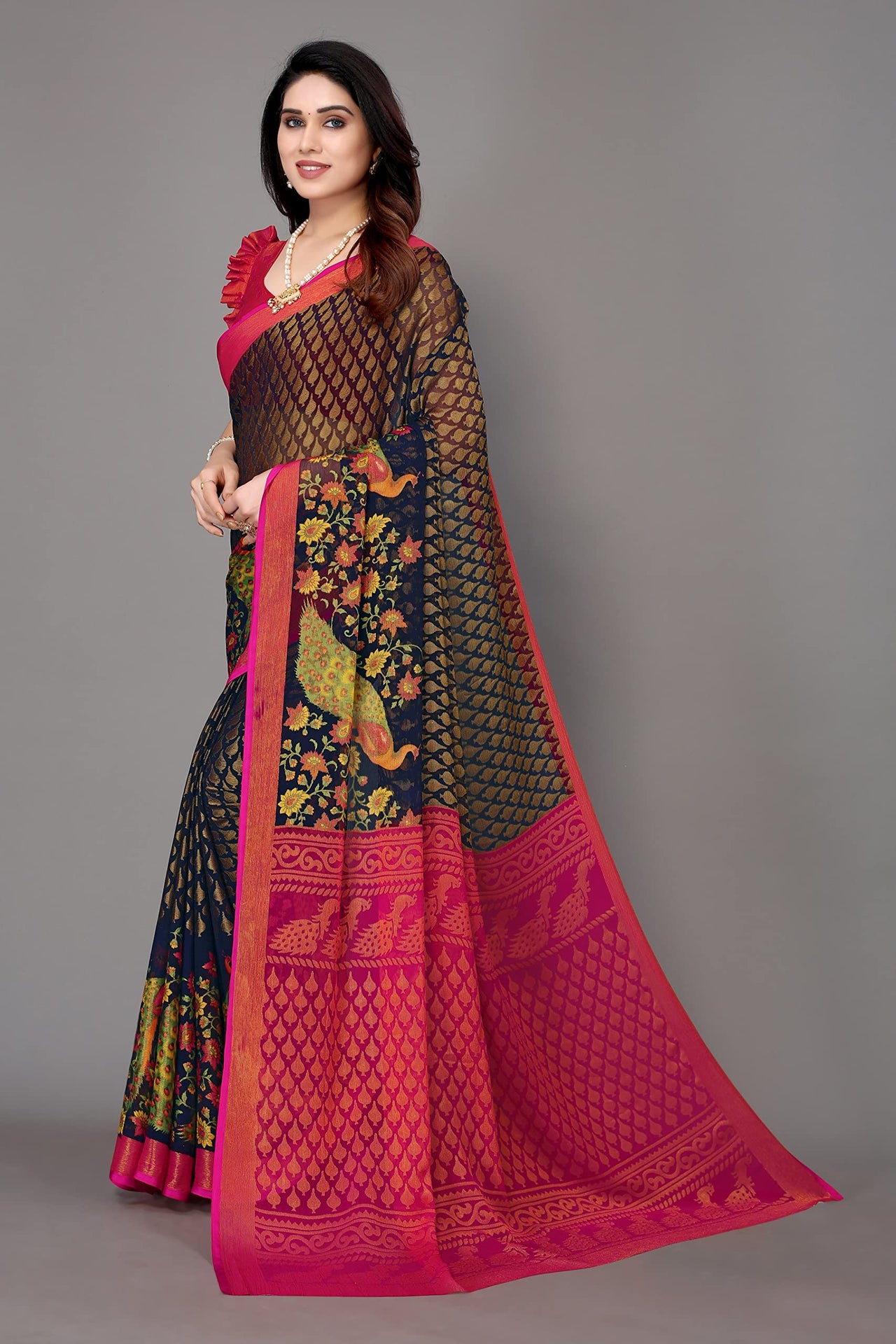 Winza Designer Women's  Chiffon Brasso Floral Printed Saree with Blouse Piece