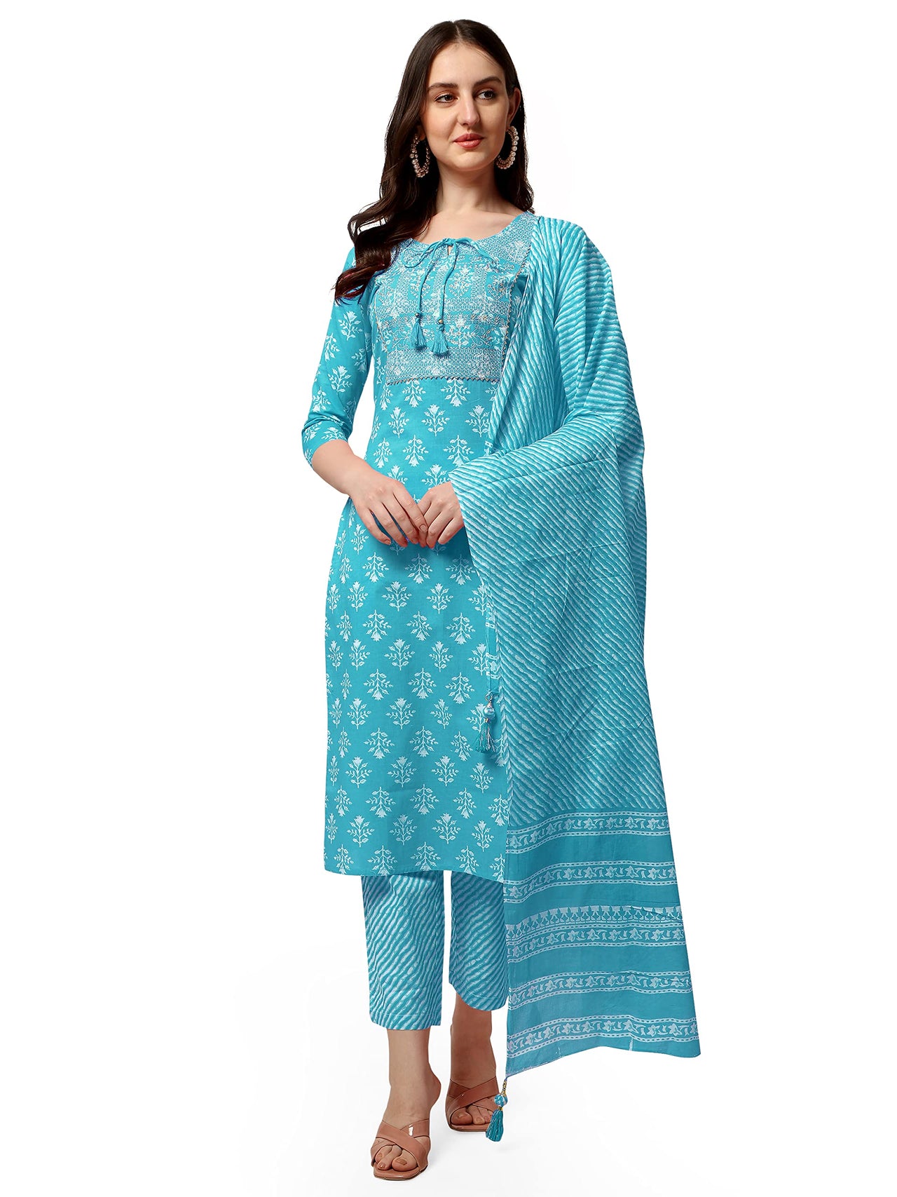 SOURBH Women's  Stylish Straight Fit Cotton Ethnic Block Motif Printed Kurta Set with Trouser Pant and Dupatta