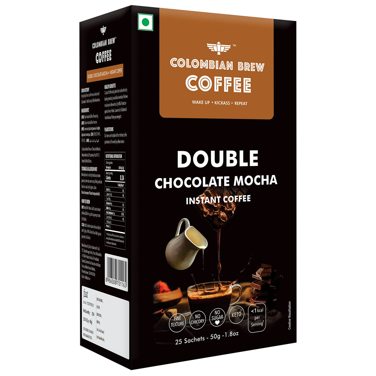 Colombian Brew Double Chocolate Mocha Instant Coffee, No Sugar, 50g (Hot & Cold Coffee)