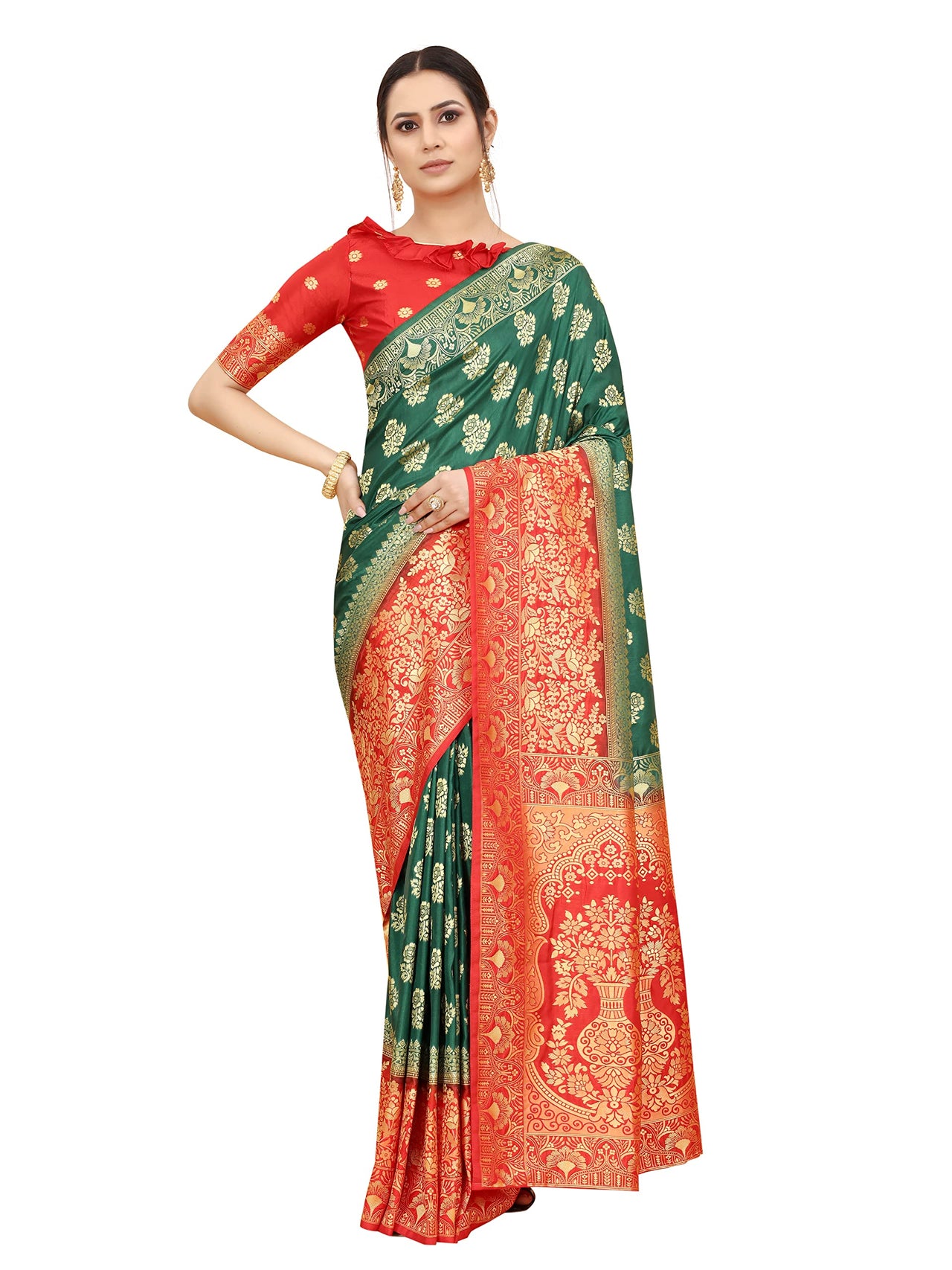 SATYAM WEAVES Women's  Banarasi Cotton Silk Saree With Blouse Piece