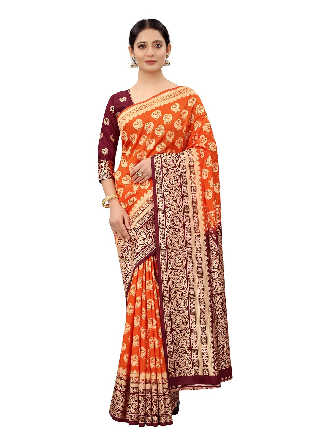 SATYAM WEAVES Women’s Daily/Party/Wedding/Casual Wear Rapier Jacquard Banarasi Cotton Silk Saree With Jacquard Designed Unstitched Blouse Piece