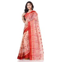 dB DESH BIDESH Women`s Traditional Bengal Phulkoli Woven Design Pure Handloom Cotton Saree Without Blouse Piece White Red