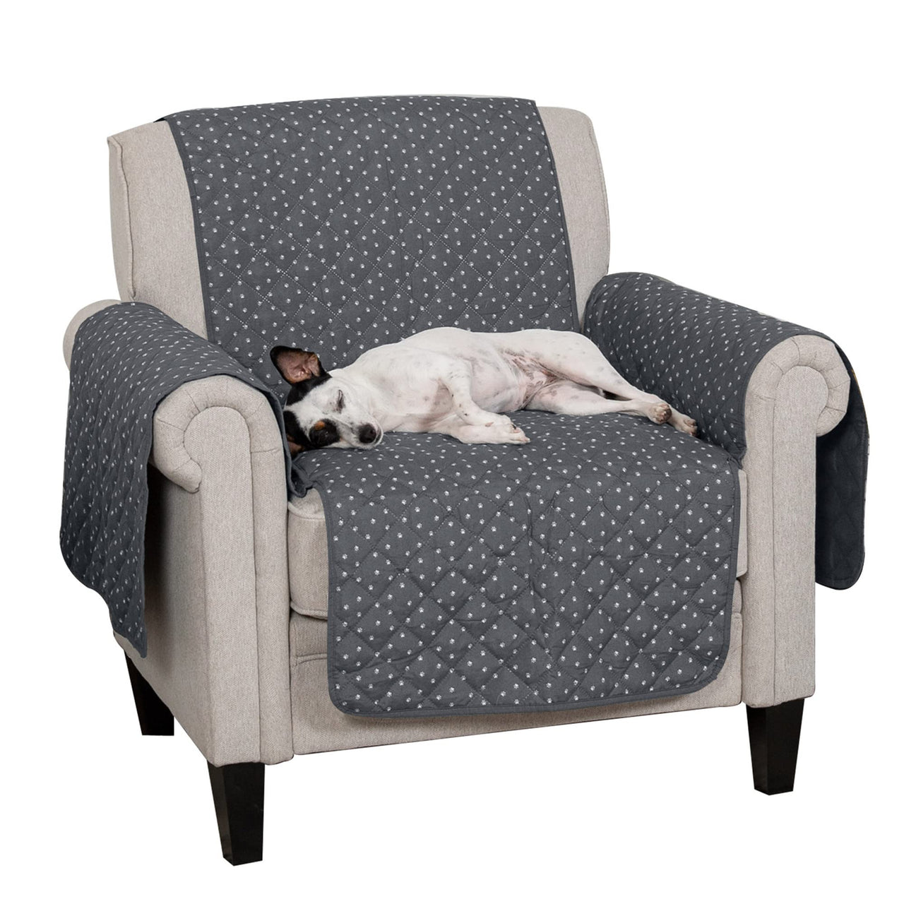 Furhaven Water-Resistant & Reversible Chair Cover Protector for Dogs, Cats, & Children - Quilted Polka Paw Living Room Furniture Cover - Gray, Chair Reversible Polka Paw Gray
