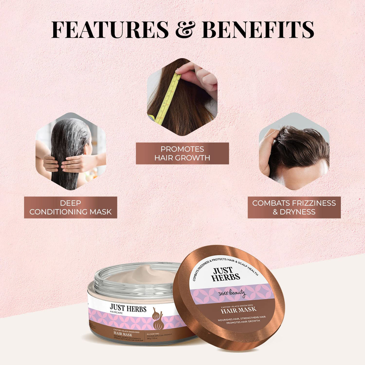 Just Herbs Dandruff Control Ayurvedic Soya Protein Shampoo & Just Herbs Anti Hairfall Natural Hair Mask with Castor & Black Onion Seed for Dandruff, Boost Hair Growth & Hair Spa - 200gm
