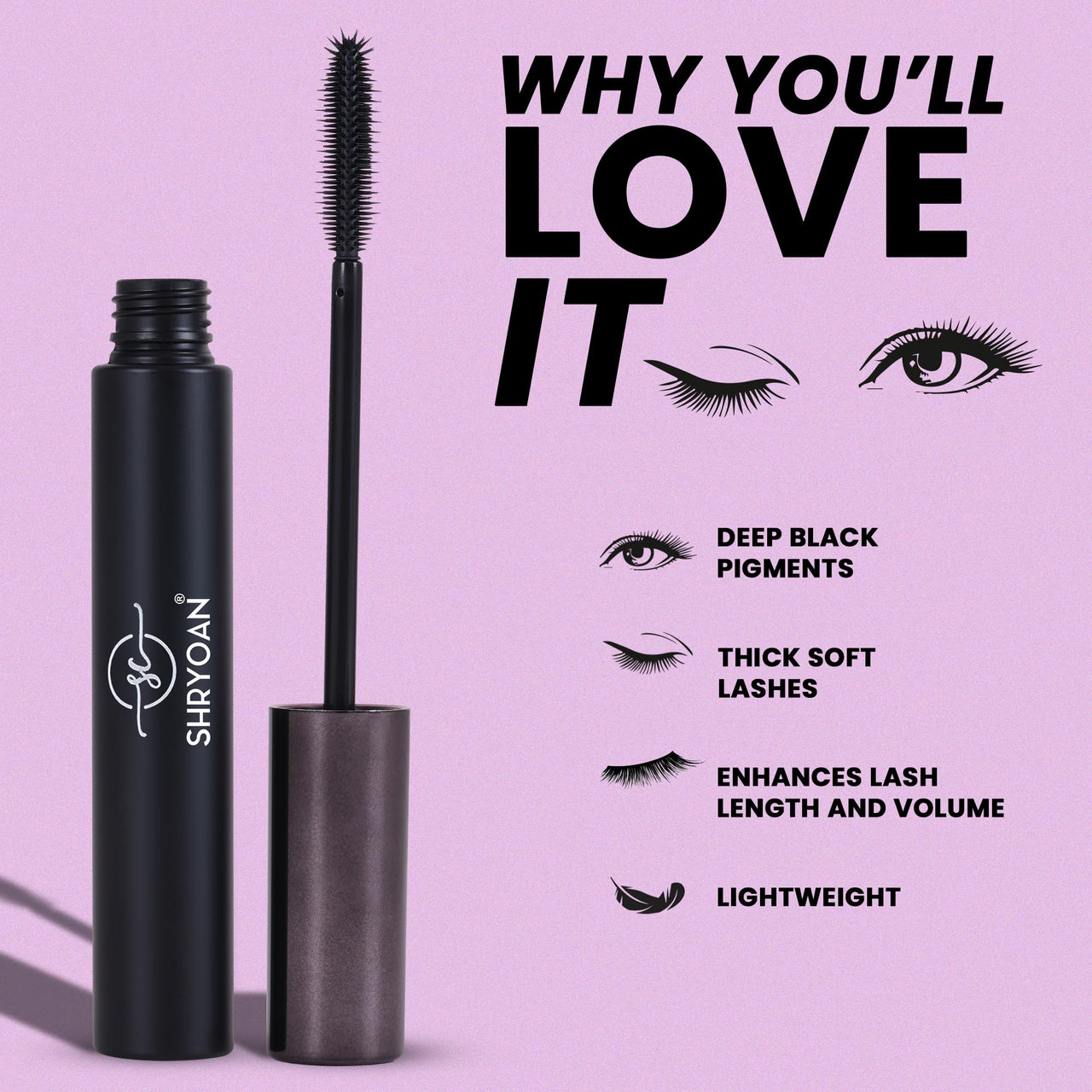 Shryoan Long-Lash Lengthening Jet Black Mascara | Water & Smudge Proof | Long Lasting & Boost Volume Mascara | Upto 18 Hours Stay ( 15 ml )