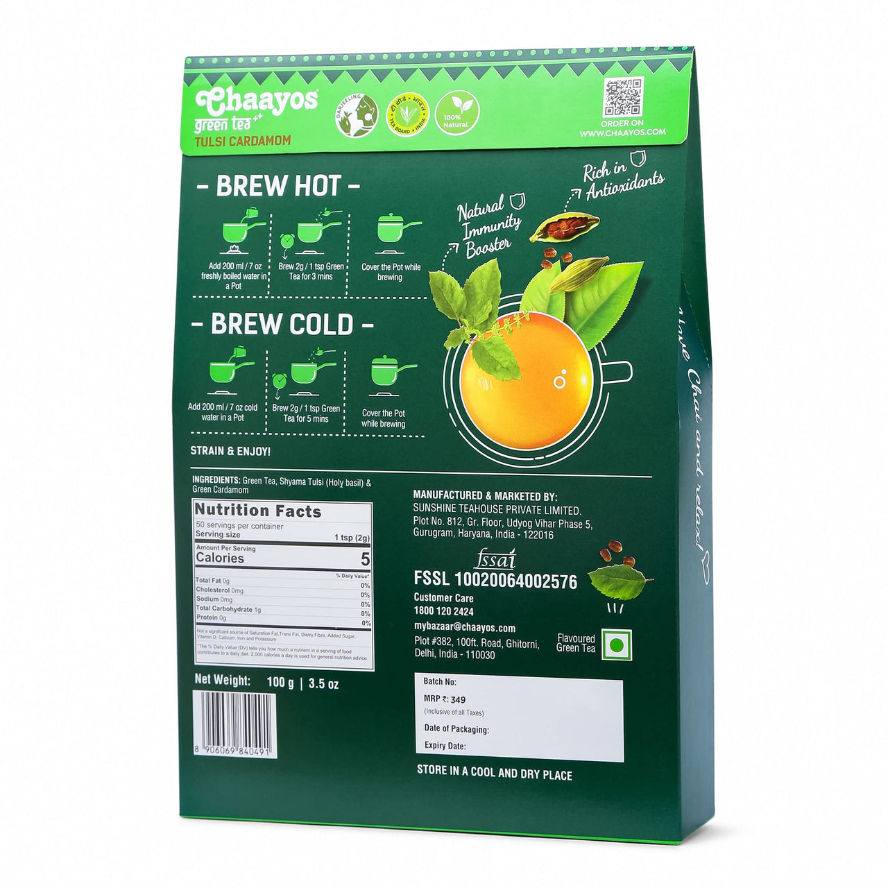 Chaayos Tulsi Cardamom Green Tea | Tulsi Cardamom Tea | Whole Leaf Loose Tea | Immunity Boosting - 100g [50 Cups] | Antioxidant Green Tea | Green Tea