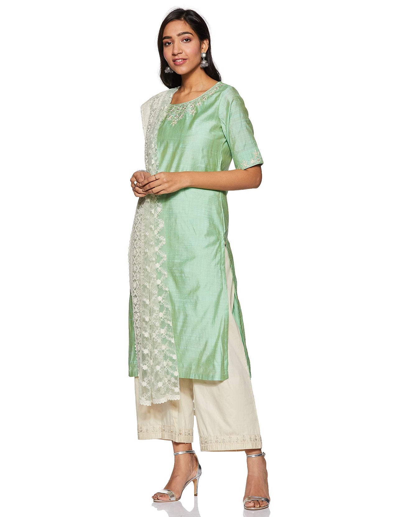 BIBA Womens Round Neck Slub Palazzo Suit