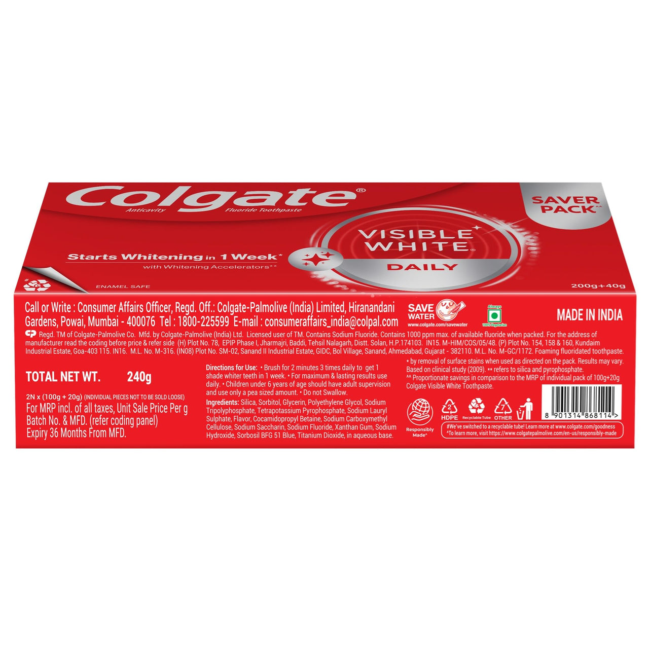 Colgate Visible White Toothpaste, Teeth Whitening Starts in 1 week, Safe on Enamel, Stain Removal Tooth Paste and Minty Flavour for Fresh Breath (200g + 40g, Combo Pack)