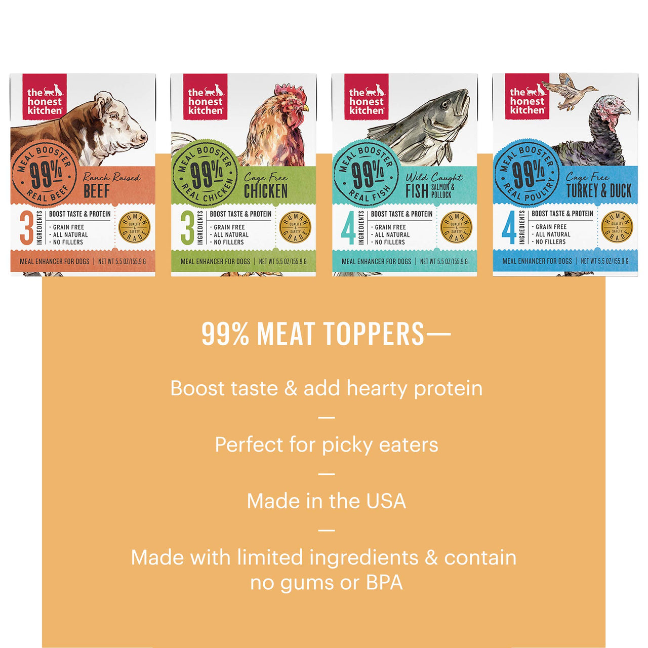 The Honest Kitchen 99% Meat Protein Boosters Variety 3-Pack, 5.5 oz x3