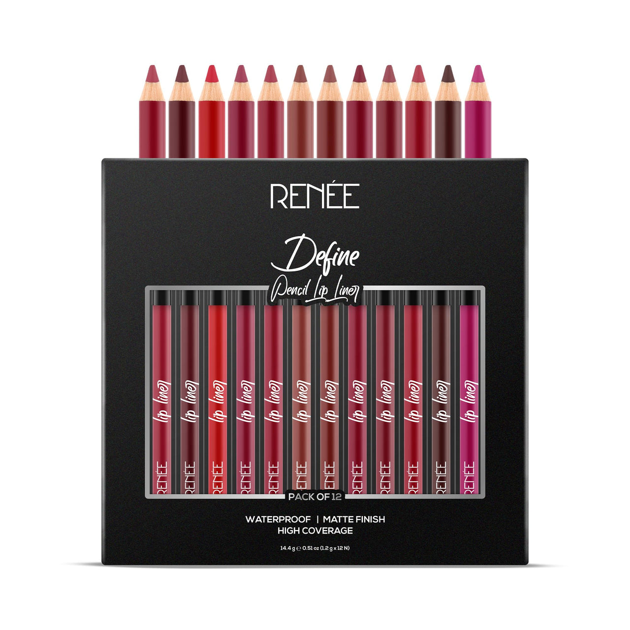 RENEE Define Matte Lip Liner, Long Lasting & Smudge Proof, Full Coverage, Intensely Pigmented, Easy Glide Formula, Vitamin E & Castor Oil Infused, Set of 12
