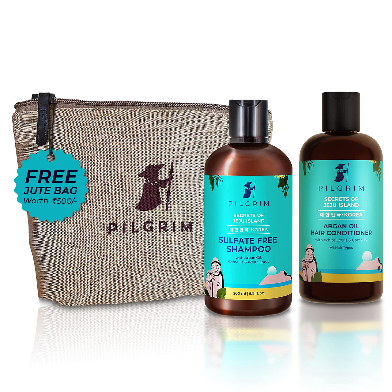 Pilgrim Korean Anti-Frizz Hair Care Set With Sulphate Free Shampoo & Argan Oil Conditioner 200ml Each - FREE Jute Kit Bag | Silky Smooth Hair for Women and Men