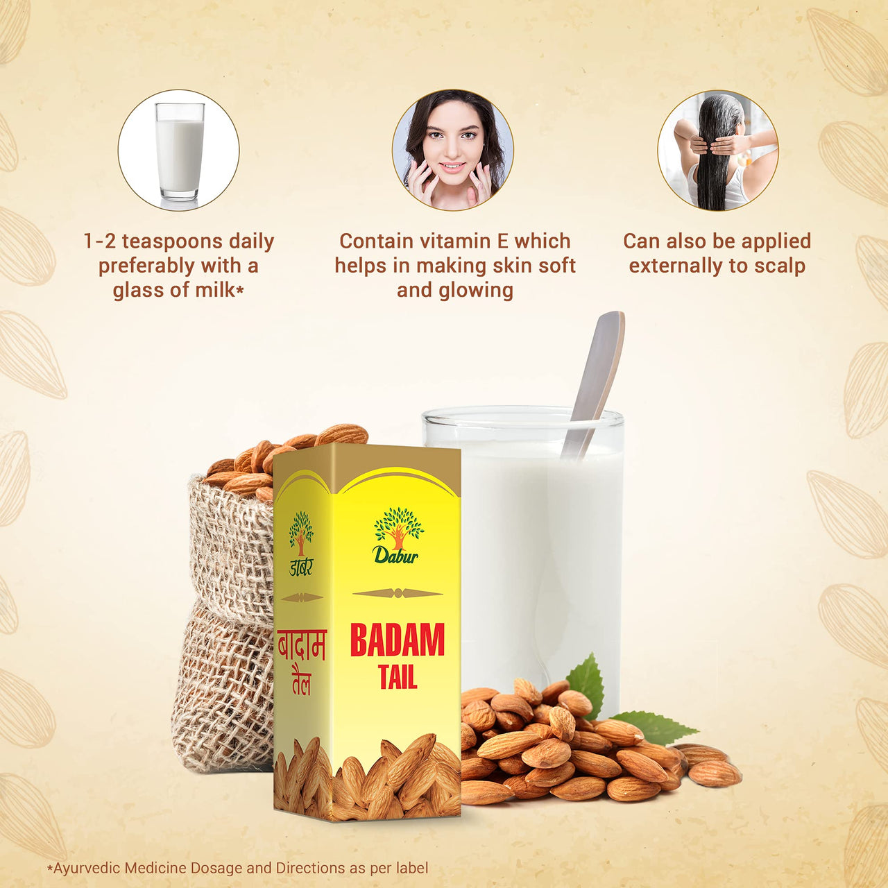 Dabur Badam Tail : Sweet Almond Oil | Rich in Vitamin -E for Healthy Skin , Hair and Body - 100ml