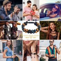 Vicsoon Bracelets for Men Women, Triple Protection Bracelet with 8mm Blue Yellow Tigers Eye Black Obsidian, Adjustable Healing Stone Handmade Bracelet, Beads Crystal Jewelry Bring Luck and Happiness Blue Yellow Black