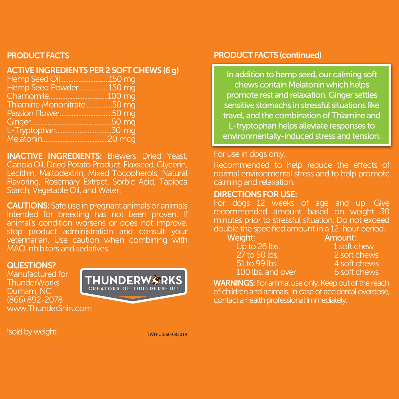 ThunderWunders Hemp Dog Calming Chews | Vet Recommended for Situational Anxiety | Fireworks, Thunderstorms, Travel & More | Made with Hemp Seed, Thiamine, L-Tryptophan, Melatonin & Ginger (180 Count) 180 Count