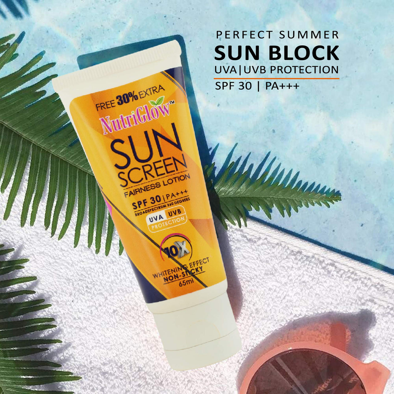 NutriGlow Sunscreen Fairness Lotion SPF 30 & PA+++, Non Greasy & Water Resistant , Broad Spectrum, UV A & UV B Blue Light Protection For Unisex, Body & Face, Suitable for Oily, Dry, Sensitive & Combination Skin (65 ml) ( Pack of 2 )