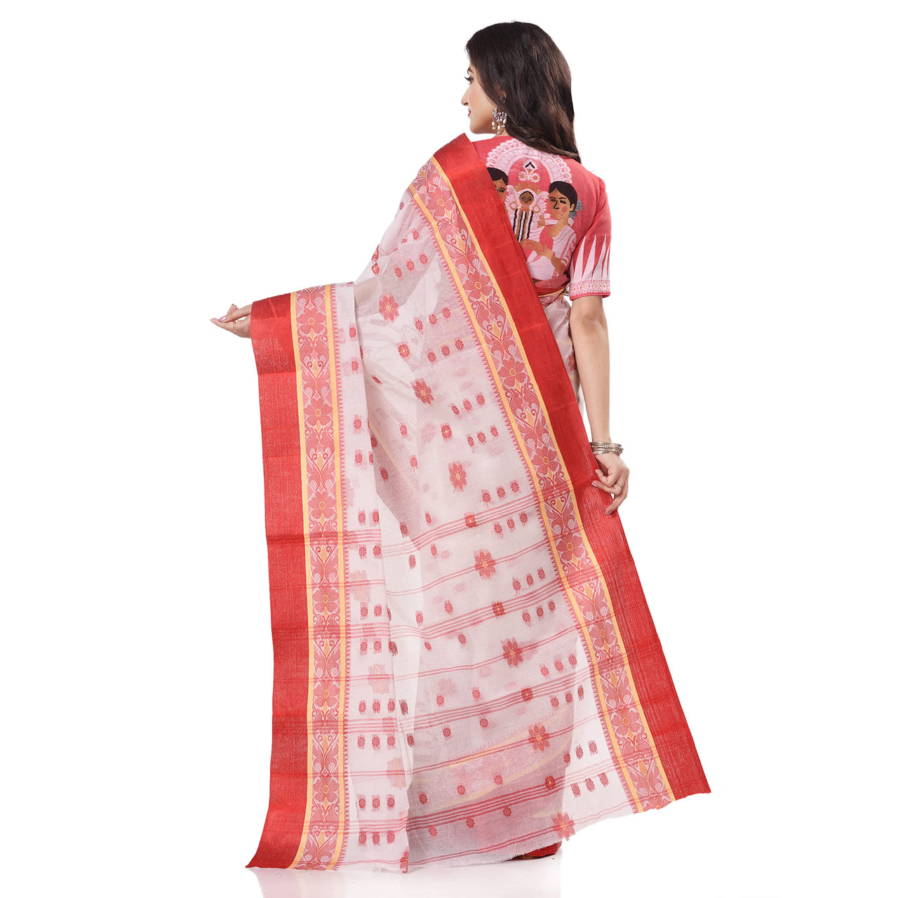 dB DESH BIDESH Women`s Traditional Bengal Phulkoli Woven Design Pure Handloom Cotton Saree Without Blouse Piece White Red