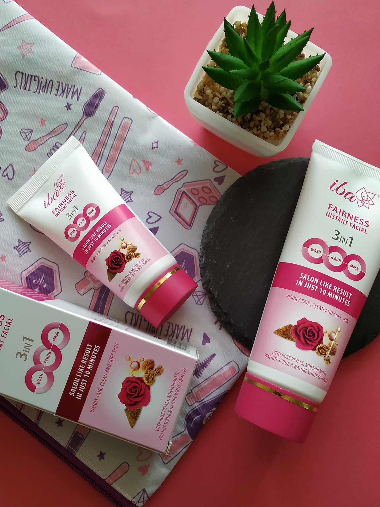 Iba 3in1 Wash, Scrub, Mask Fairness Instant Facial 100g with Rose Petals, Multani Mitti & Walnut For Scrub, Removes Tan, Fairness & Brightens Skin, Gives Instant Glow | Halal Certified & Vegan