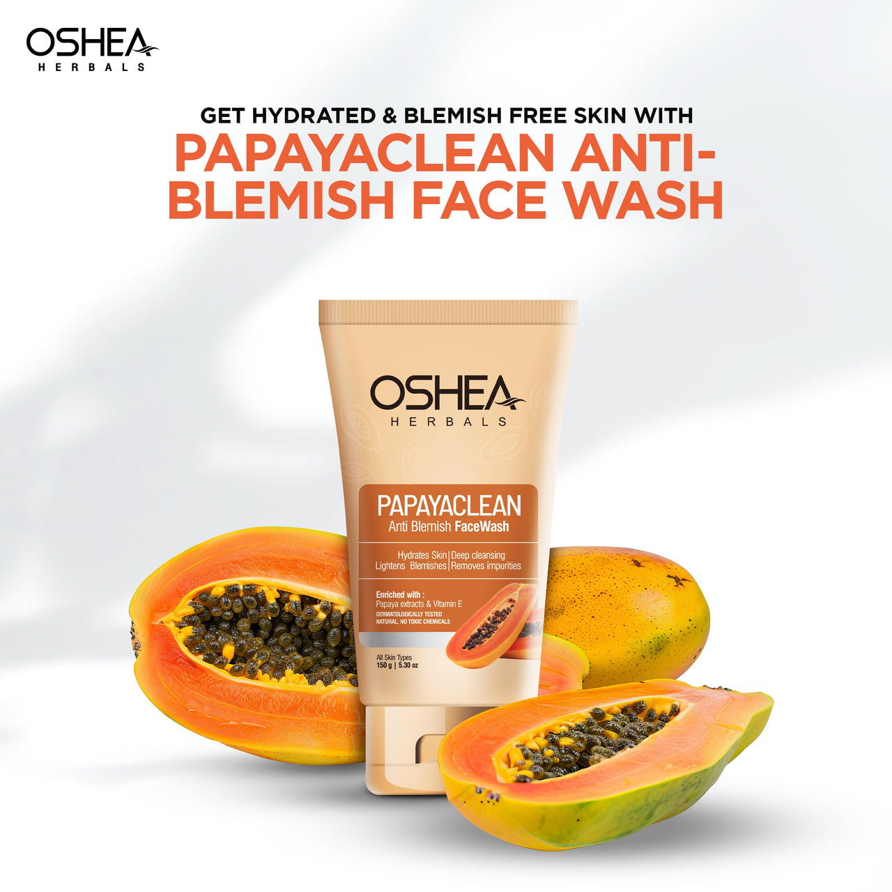 Oshea Herbals Papayaclean Anti Blemishes Gel Face Wash for Women & Men | Hydrating Face Wash for All Skin Types | Lightens Blemishes & Brightens Skin with Papaya Extracts & Vitamin E - 150gm